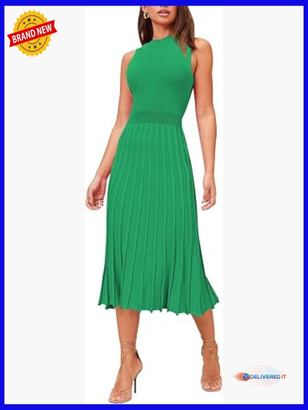 Sleeveless High Waisted Pleated Midi Dress Womens Ribbed Knit Swing Casual